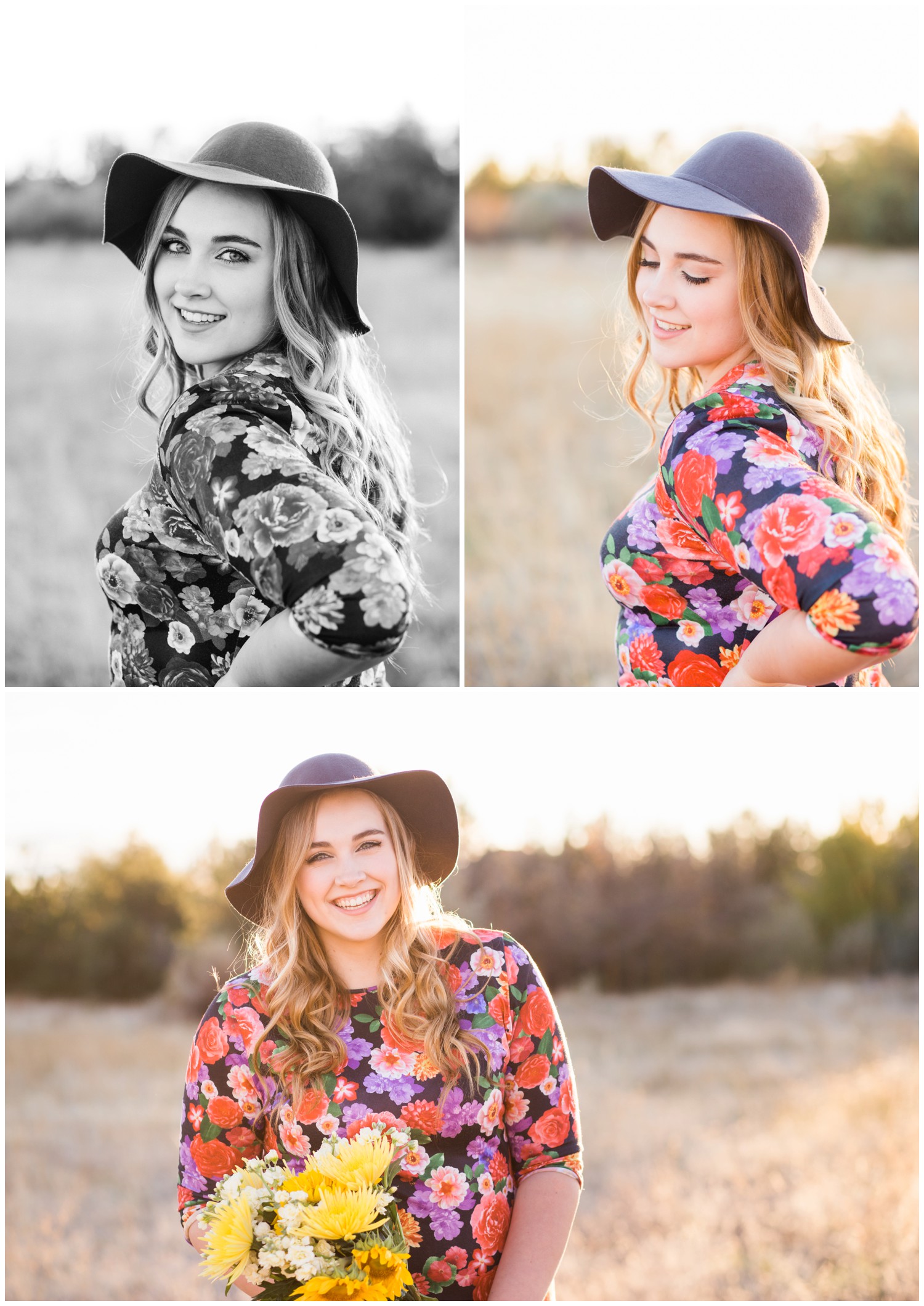 Late Summer senior portraits in floral dress and floppy hat 