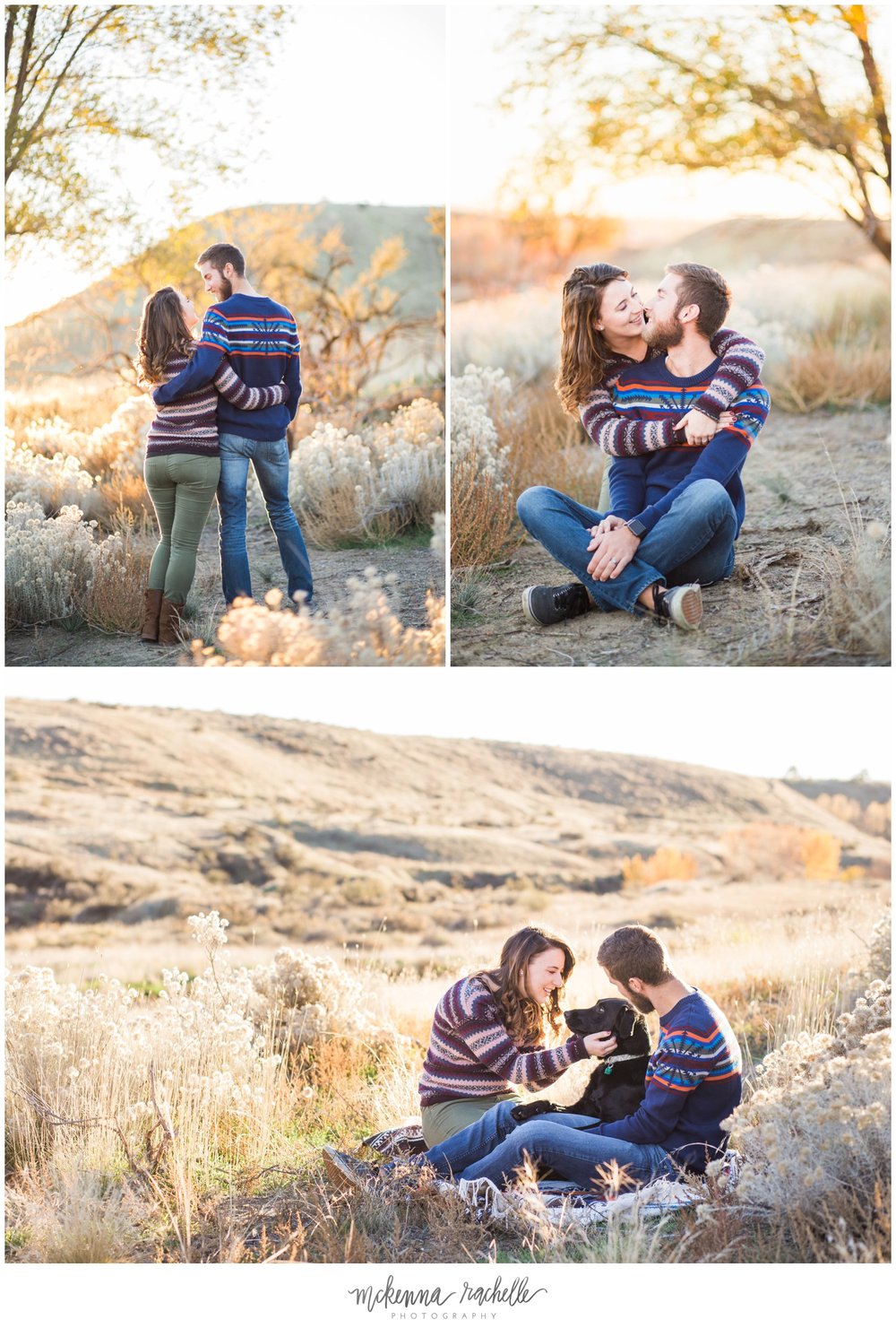  Sunset engagement photos with dog in grassy field with Pacific Northwest photographer, McKenna Rachelle Photography 