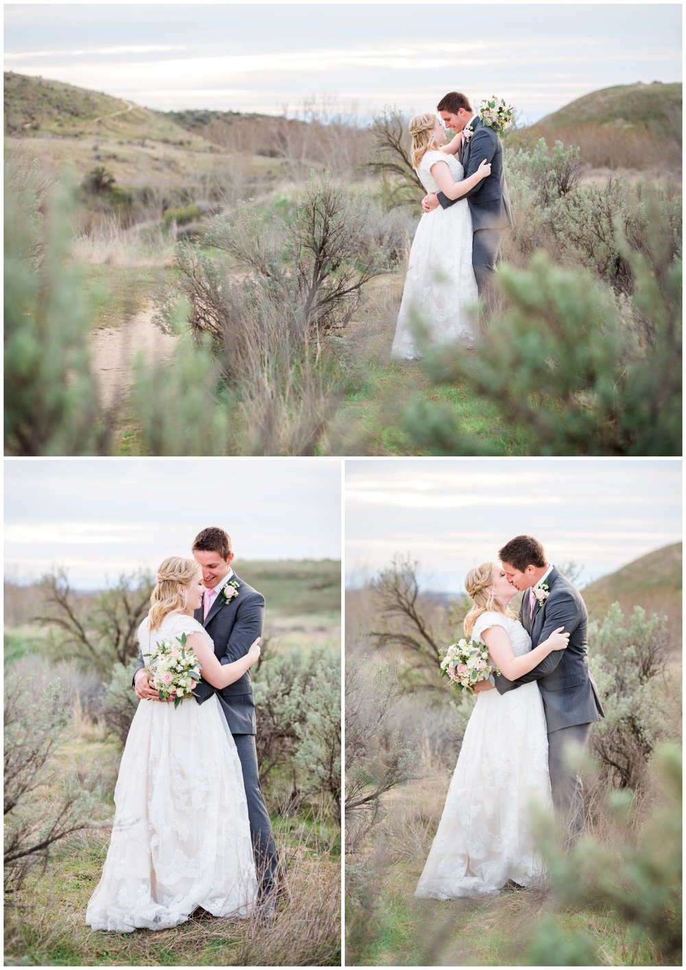  Bride and Groom portraits on hillside at sunset with sagebrush. 